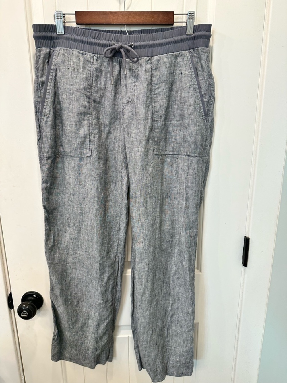 Athleta Gray 100% Linen Drawstring Wide Leg Pants Size 12P Petite
